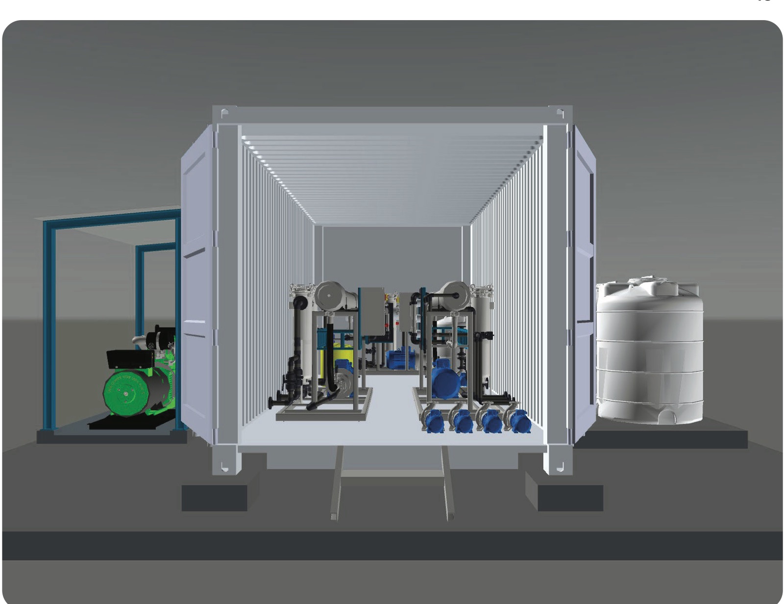 Skid-mounted reverse osmosis plant inside a 20-foot shipping container